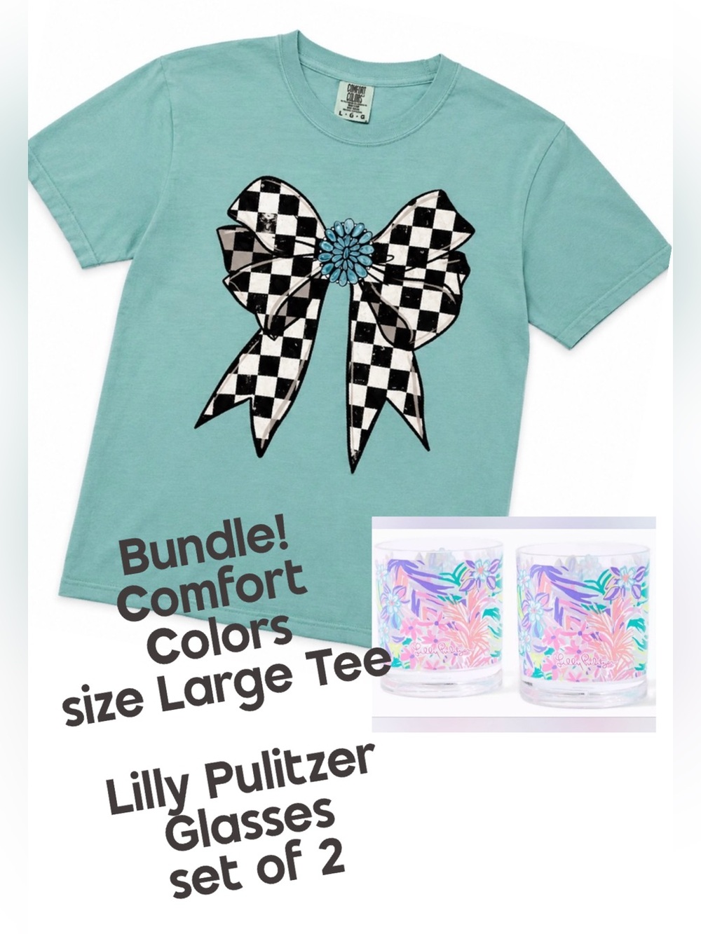 BUNDLE! Lilly Pulitzer Glasses + Comfort Colors Turquoise Tee size Large • 3 pcs